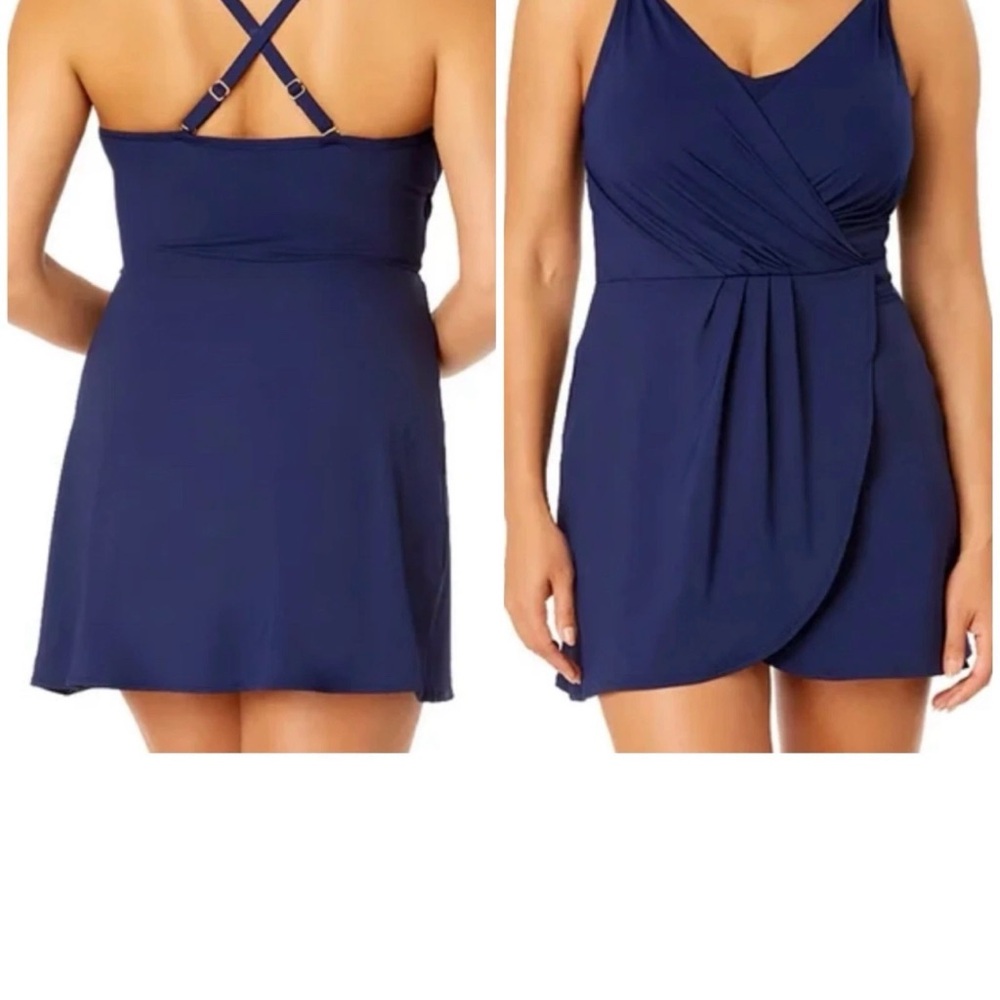 Lands end swim dress V neck tulip wrap blue - Picture 4 of 5